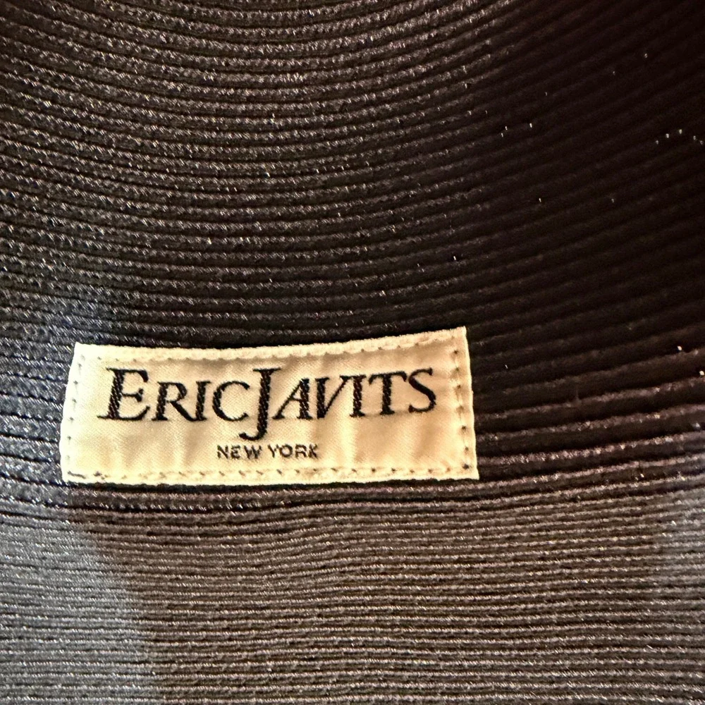 Eric Javits New York Black Woven Packable Sun Hat Wide Brim Navy Bow Accent - Picture 3 of 7